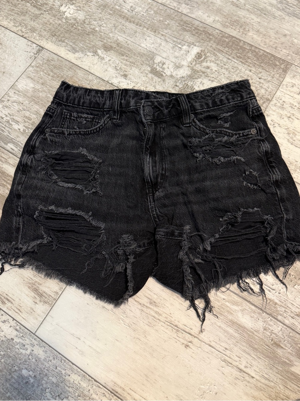 American Eagle Outfitters Black Distressed High-Rise Denim Mom Shorts